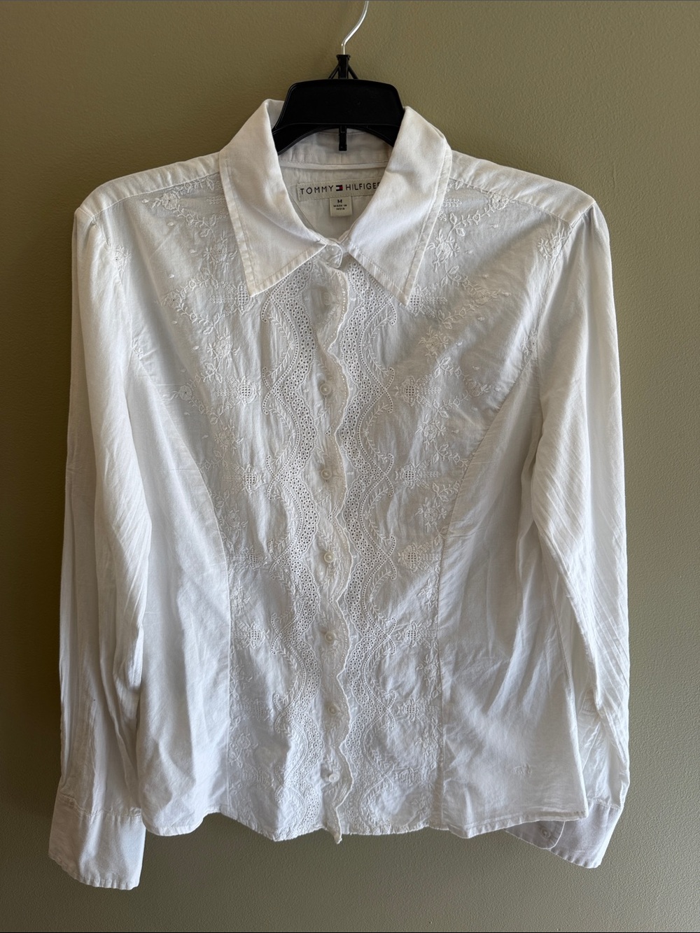 Tommy Hilfiger White Embroidered Cotton Button-Up Shirt